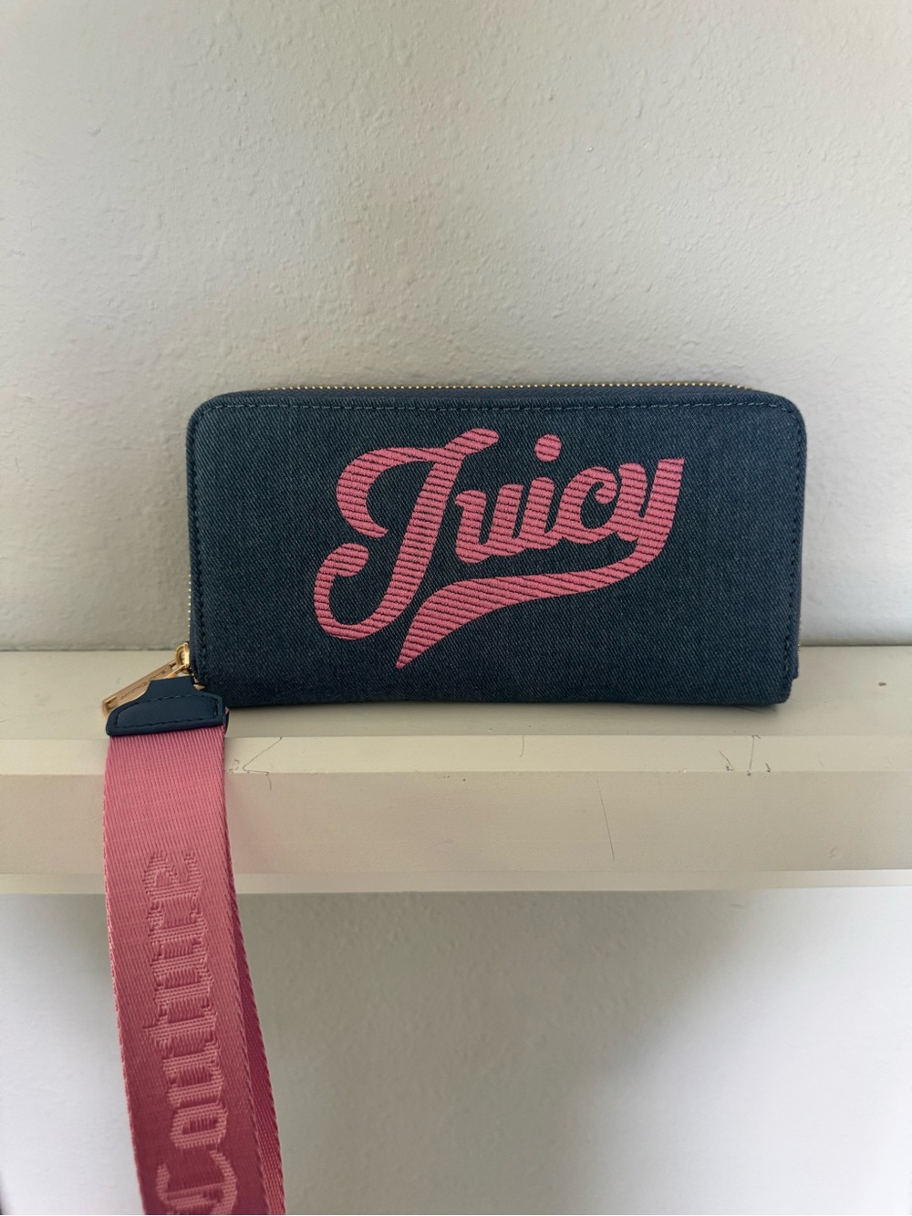 Juicy Couture Navy Wallet with Pink Logo and Strap